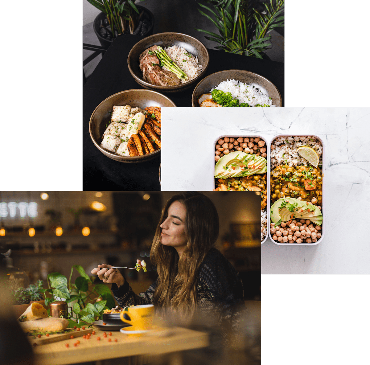 Woman enjoying food, meals in storage conteiner, and food bowls on a table